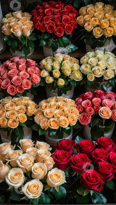 Скачать Разноцветные розы в цветочном магазине - свежая поставка срезанных цветов для весенних праздников, цветочный магазин. Искусственный интеллект сгенерирован фотосток Ozero