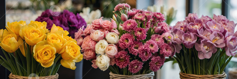 Скачать Разноцветные весенние цветы в цветочном магазине - свежая поставка срезанных цветов к весенним праздникам. Тюльпаны, розы, пионы, крокусы, хризантемы, гортензии, гиацинты, эустомы. Сгенерирован ИИ фотосток Ozero