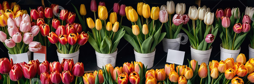 Скачать Разноцветные тюльпаны в цветочном магазине - свежий запас срезанных цветов для весенних праздников, витрина цветочного магазина. Искусственный интеллект сгенерирован фотосток Ozero