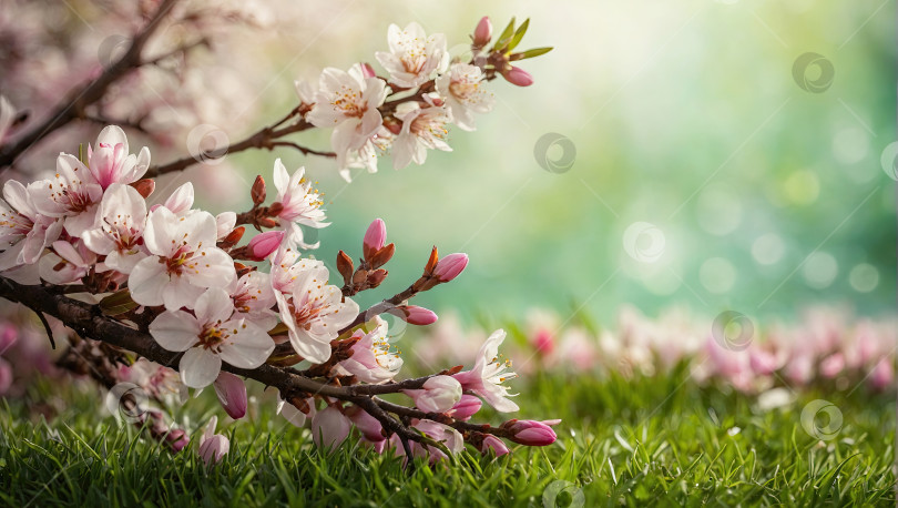 Скачать Цветущий весенний фон - яблони в саду в цветах, первые весенние цветы, природа расцветает. Искусственный интеллект сгенерирован фотосток Ozero