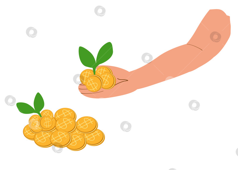 Скачать Рука с монетами и зеленым ростком - рост доходов, инвестиции, финансы фотосток Ozero