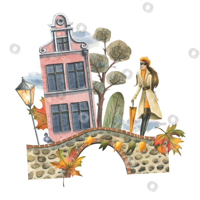 Скачать Старинные европейские дома с осенними деревьями и листьями, мостами и фонарями, с девушкой с зонтиком. Рисованная акварельная иллюстрация. Композиция изолирована от фона. фотосток Ozero