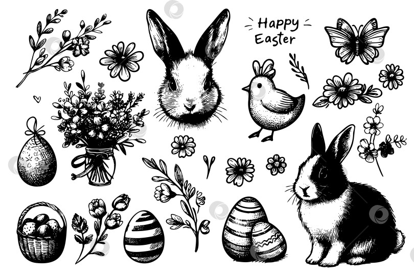 Скачать Черно-белый рисунок пасхальных украшений, включая кролика, цыпленка фотосток Ozero