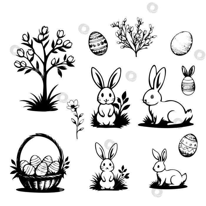 Скачать Коллекция черно-белых рисунков кроликов и пасхальных яиц фотосток Ozero