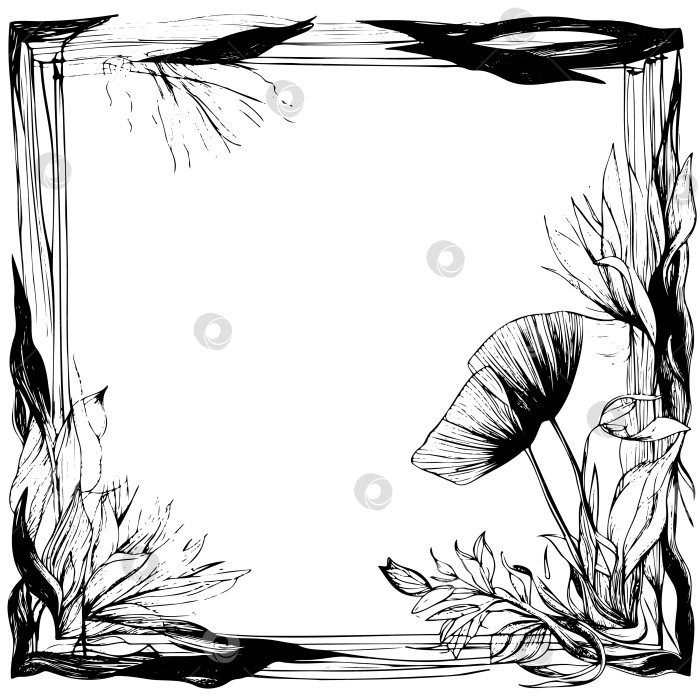 Скачать Черно-белый рисунок рамки с растением посередине фотосток Ozero