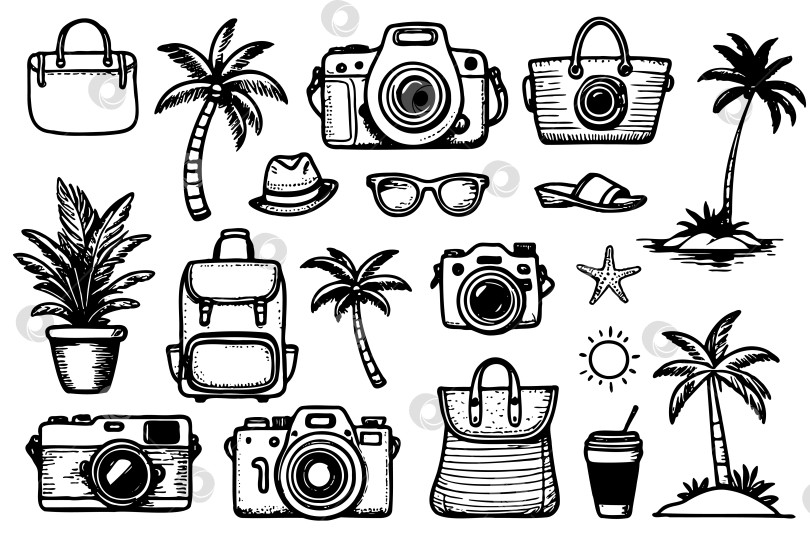 Скачать Набор черно-белых рисунков различных предметов, включая фотоаппарат, сумочку фотосток Ozero