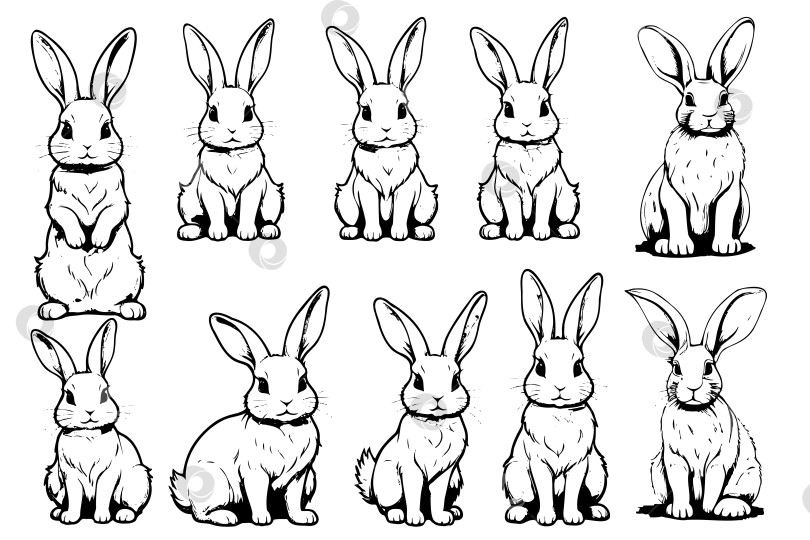 Скачать Серия черно-белых рисунков кроликов в различных позах фотосток Ozero