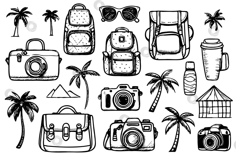 Скачать Набор дорожных принадлежностей, включая фотоаппарат, солнцезащитные очки и рюкзак фотосток Ozero