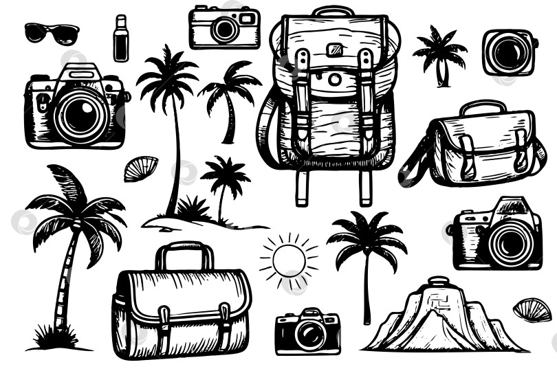 Скачать Коллекция предметов для путешествий, включая рюкзаки, сумки и фотоаппараты фотосток Ozero