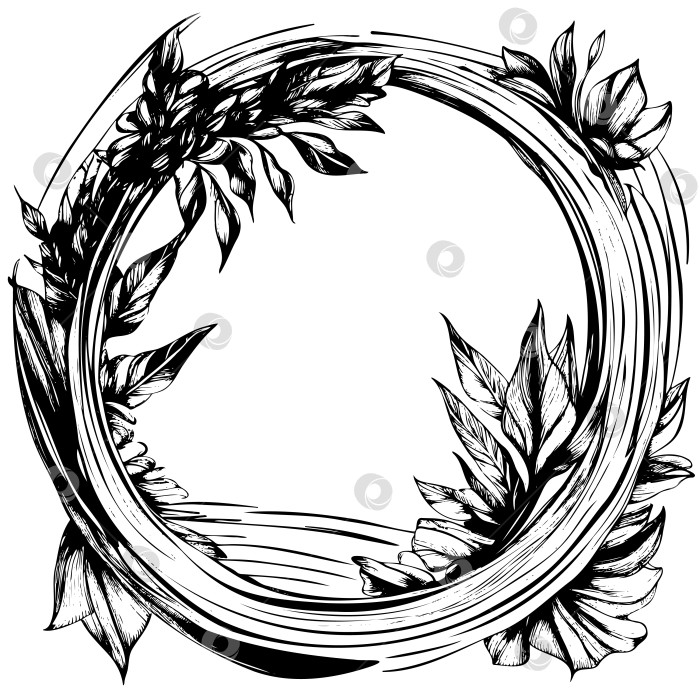 Скачать Черно-белый рисунок круга с окружающими его листьями фотосток Ozero
