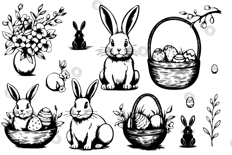 Скачать Набор черно-белых рисунков с изображением кроликов и корзинок с яйцами фотосток Ozero