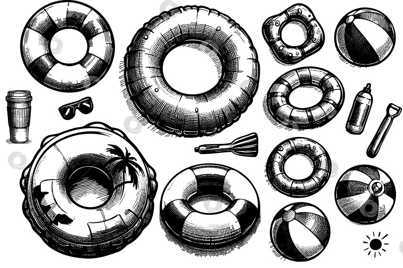 Скачать Рисунок пляжной сцены с разнообразными пляжными игрушками и предметами фотосток Ozero
