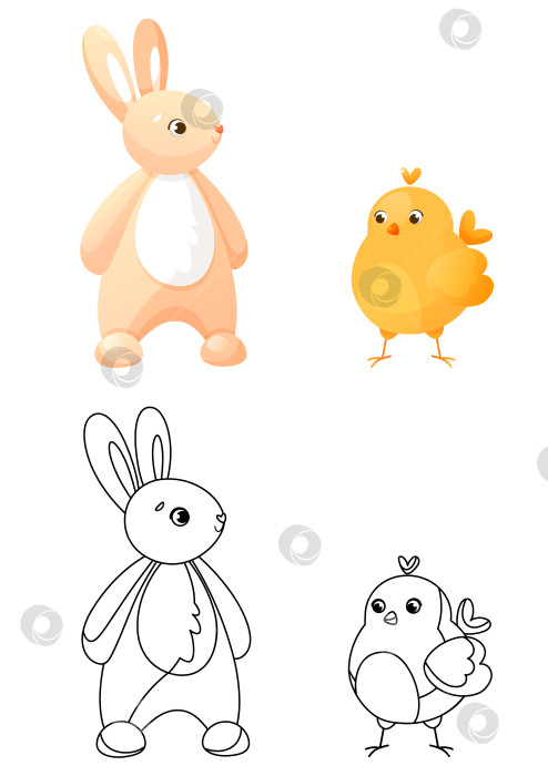Скачать Книжка-раскраска, пасхальный кролик и милый цыпленок стоят рядом друг с другом. Детская книжка-раскраска с цветовым примером. Книжка-раскраска, тренировочный лист для детей в школе или детском саду. фотосток Ozero