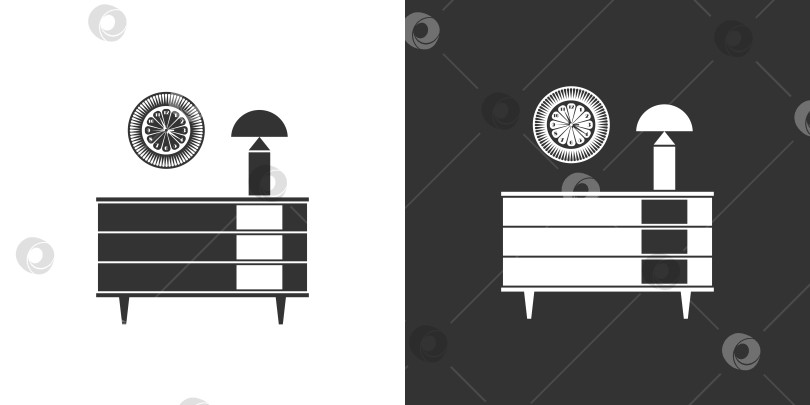 Скачать Иконка с комодом, настольной лампой и настенными часами. Чёрная и белая фотосток Ozero