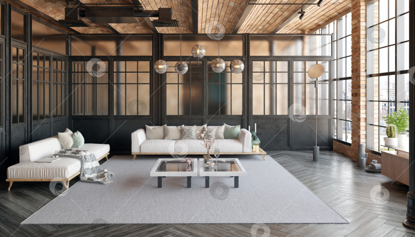 Скачать Современная гостиная в стиле лофт с диваном и журнальным столиком фотосток Ozero
