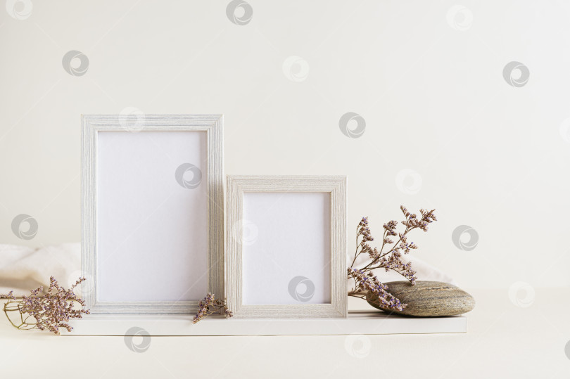 Скачать Пустые рамки для фотографий, засушенные цветы и камни на светлом фоне фотосток Ozero