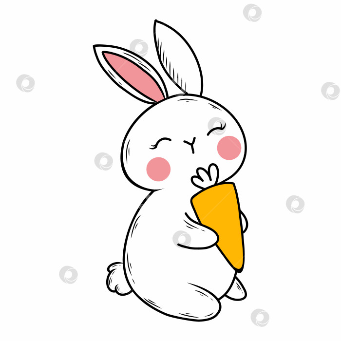 Скачать забавный милый кролик держит морковку. Векторная иллюстрация в стиле каракули. фотосток Ozero