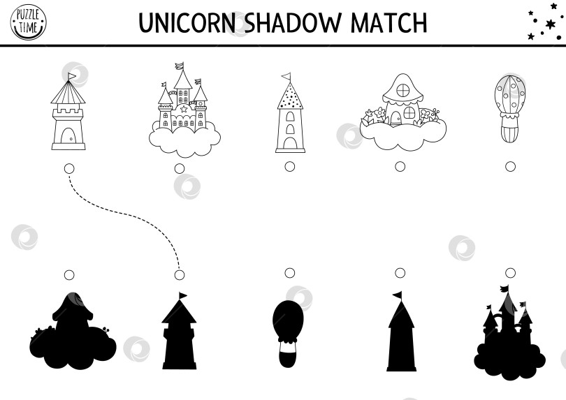 Скачать Задание по подбору черно-белой тени единорога с замком, сказочным домиком на облаках, башнями. Головоломка "Волшебный мир". Найдите правильный силуэт на листе для печати. Раскраска-сказка для детей фотосток Ozero