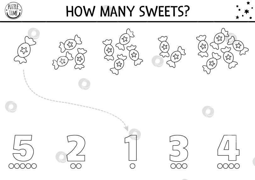 Скачать Черным по белому сочетайте цифры в игре "Единорог со сладостями". Волшебное, сказочное математическое занятие для детей. Обучающий лист для счета в мире фантазий или раскраска с конфетами и звездочками фотосток Ozero