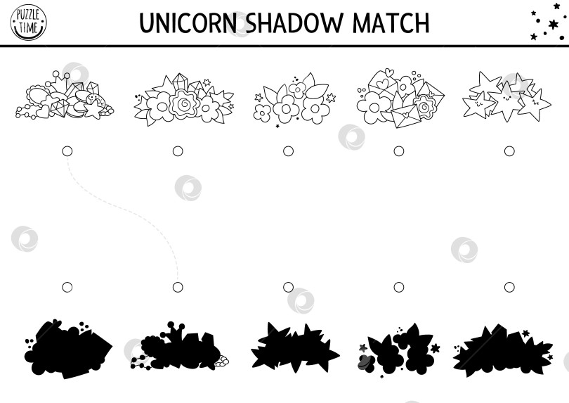 Скачать Задание по подбору черно-белой тени единорога с сокровищами. Головоломка "Волшебный мир" с драгоценным камнем, кристаллом, цветком, звездой. Найдите правильный силуэт на листе для печати. Раскраска-сказка для детей фотосток Ozero