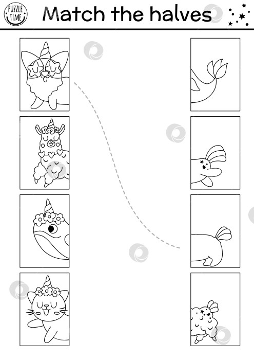 Скачать Черно-белый единорог соедините половинки листа.  Игра на подбор сказочных линий с животными с рогами и хвостами. Упражнение "Подбери орел и решку" или раскраска с кошкой, собакой корги, ламой фотосток Ozero