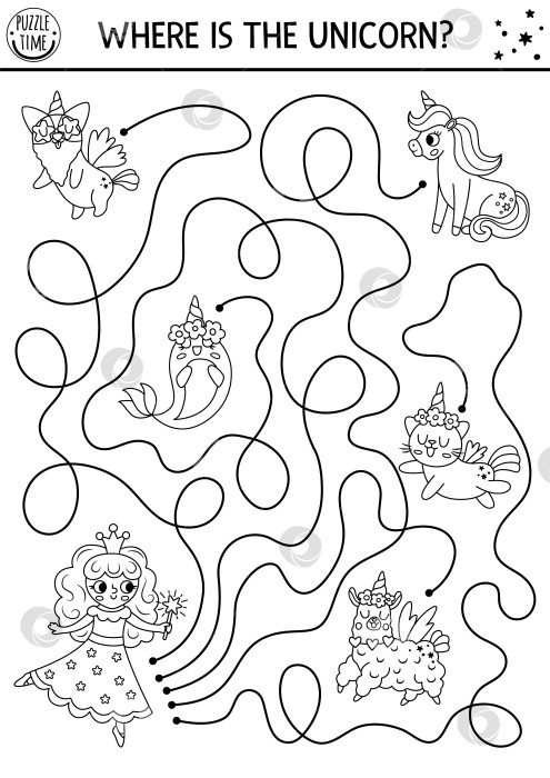 Скачать Черно-белый лабиринт для детей со сказочными и фантазийными животными с рогами. Волшебное занятие для печати с милыми персонажами. Игра в сказочный лабиринт. Где находится головоломка с единорогом, раскраска фотосток Ozero