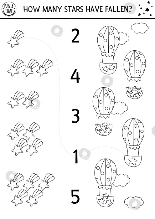 Скачать Черно-белая игра "Подбери цифры единорога" с упавшими звездами и воздушным шаром. Волшебство, сказка, математические упражнения с космическими линиями для детей. Образовательный лист для счета в мире фантазий, раскраска фотосток Ozero