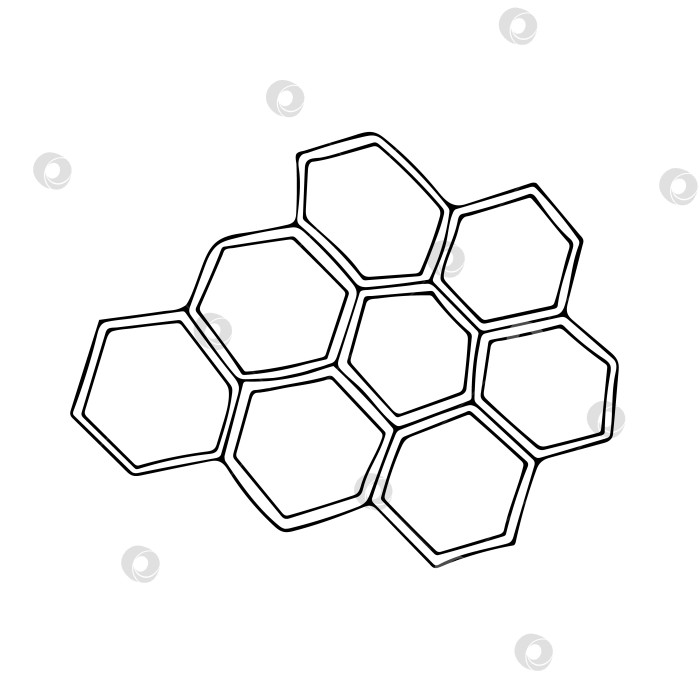 Скачать Иллюстрация каракуля с простой медовой соткой. 8 сот без меда. Пустые соты.. Производство меда. Черные монохромные элементы в стиле каракуля, выделенные на белом фоне. Эскиз, нарисованный от руки. фотосток Ozero