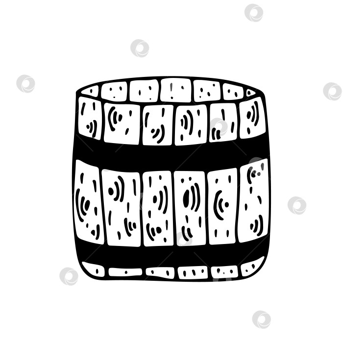 Скачать Иллюстрация в виде каракулей с простой бочкой для меда.Деревянная бочка для хранения меда, продуктов питания, напитков. Садовая деревянная бочка. Черные монохромные элементы в стиле каракулей, выделенные на белом фоне.Рисованный эскиз фотосток Ozero