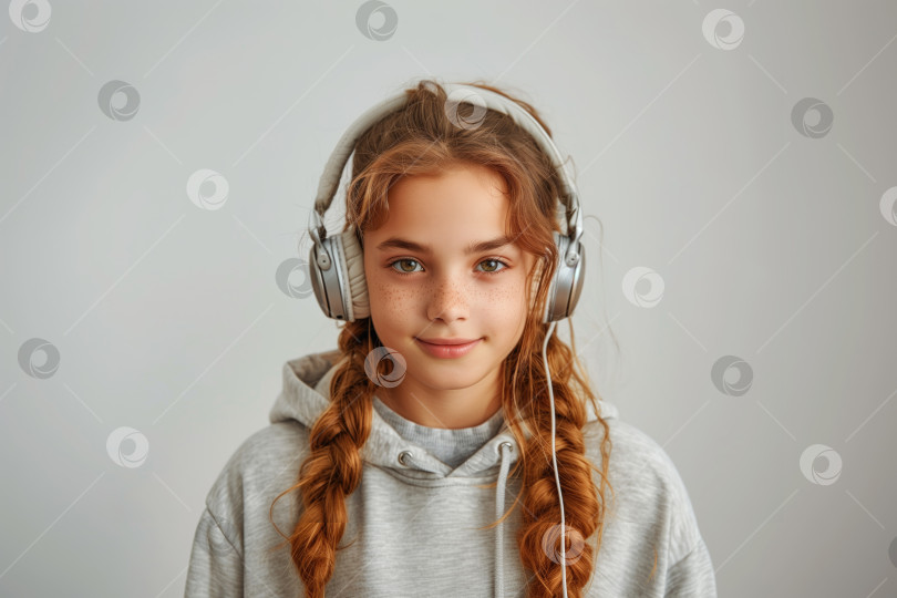 Скачать Портрет милой маленькой девочки в наушниках, слушающей музыку. фотосток Ozero