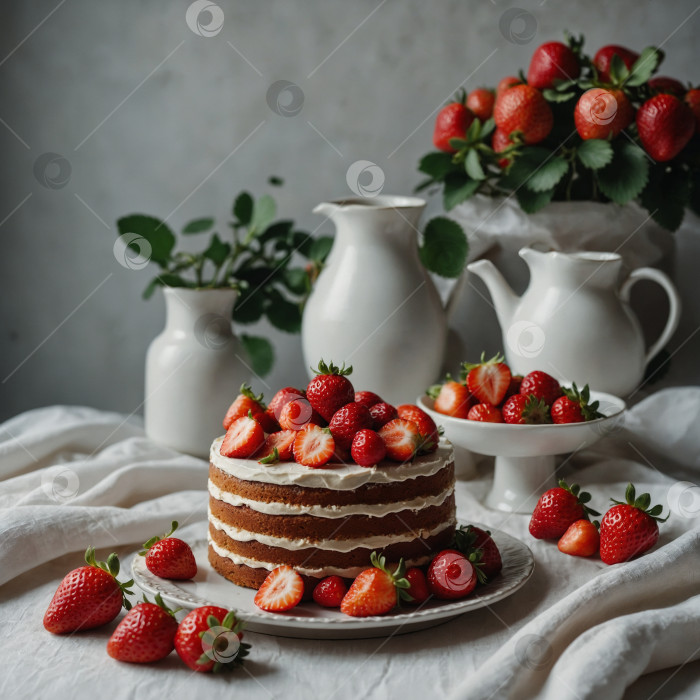 Скачать Торт с клубникой. Фудфотография. Сгенерировано искусственным интеллектом фотосток Ozero