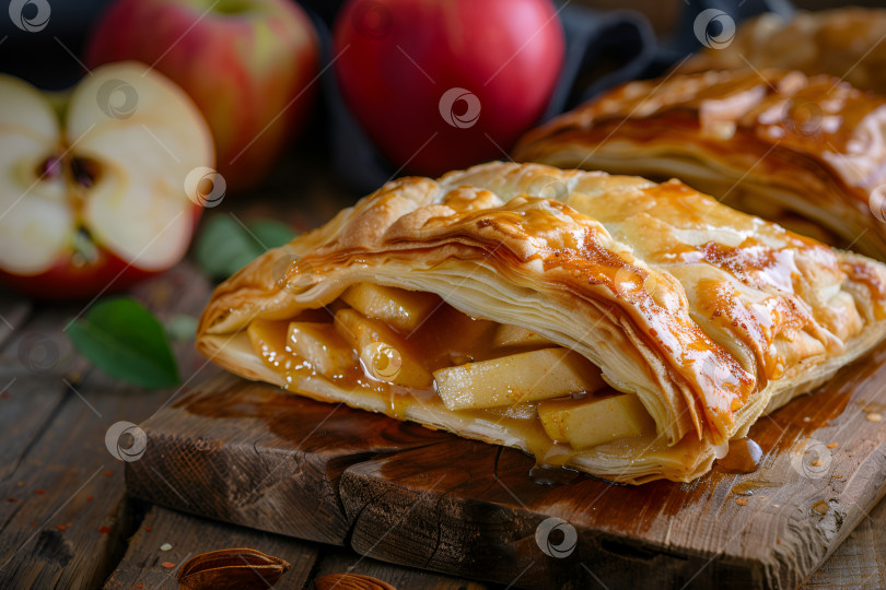 Скачать Теплый яблочный пирог на деревянной доске в деревенском стиле, приготовленный из слоеного теста с сочащейся карамелизованной яблочной начинкой фотосток Ozero