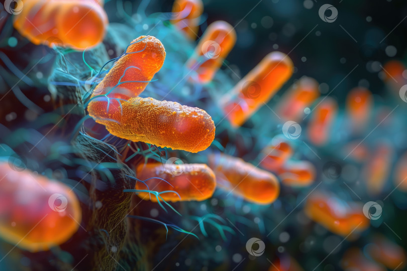 Скачать объемная цветная иллюстрация бактерии на подложке, фон на тему микробиологии, медицины фотосток Ozero