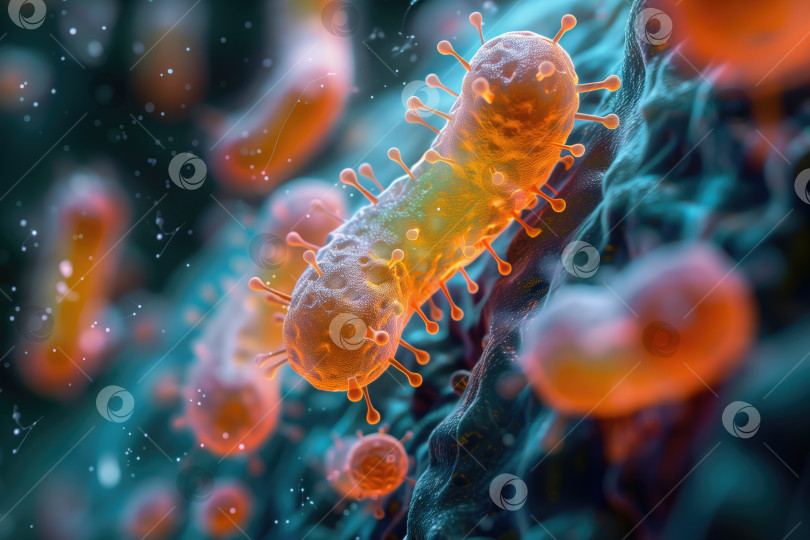 Скачать объемная цветная иллюстрация бактерии, фон на тему микробиологии, медицины фотосток Ozero