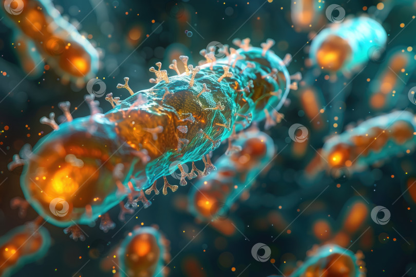 Скачать объемная цветная иллюстрация бактерии, фон на тему микробиологии, медицины фотосток Ozero