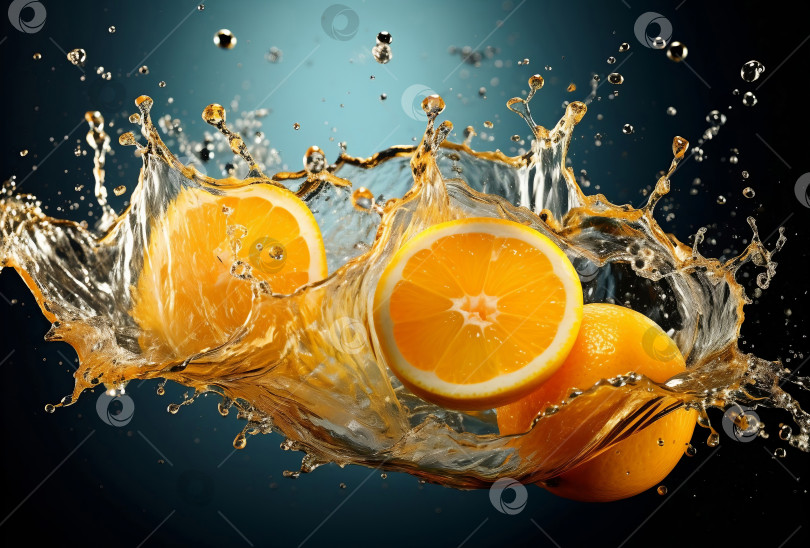 Скачать Апельсины летают в воздухе и разбрызгивают воду. фотосток Ozero