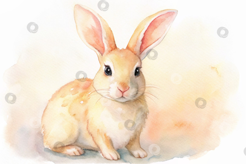 Скачать акварельная открытка с кроликом в светло-персиковых пастельных тонах, созданная искусственным интеллектом фотосток Ozero