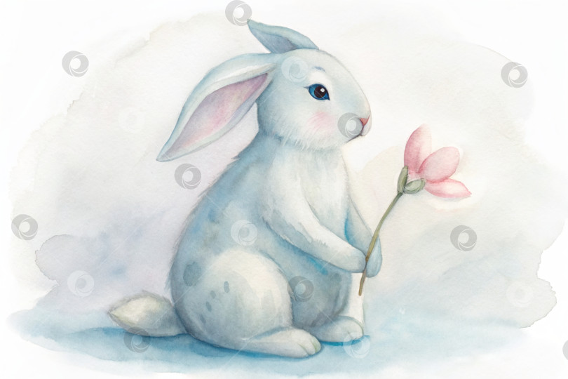 Скачать акварельный пасхальный кролик, держащий цветок в светло-голубых пастельных тонах, сгенерированный искусственным интеллектом фотосток Ozero