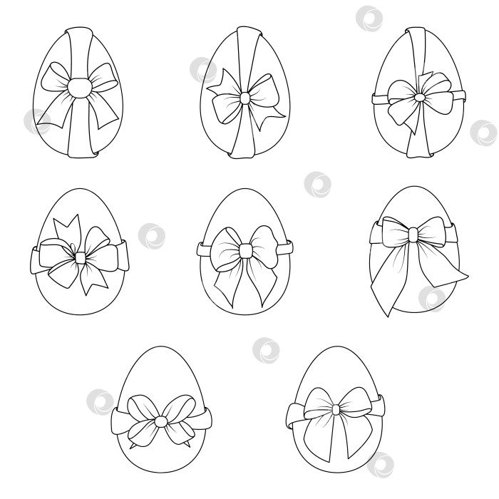 Скачать Набор пасхальных яиц с бантиком.Раскраска.Черно-белое изображение.Славный праздник Пасхи.Векторная иллюстрация. фотосток Ozero