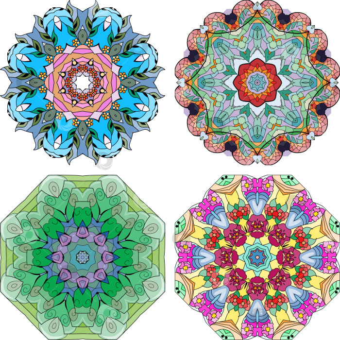 Скачать Нарисованный вручную набор zentangle из 4 цветных мандал для украшения фотосток Ozero