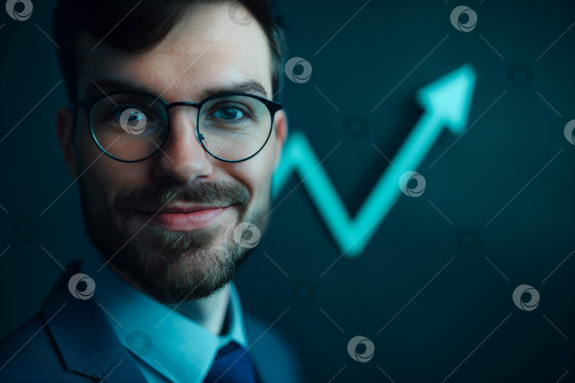 Скачать Бизнесмен в костюме и очках улыбается. Позади него стрелка, показывающая увеличение прибыли, дивидендов, сбережений, экономики, акций, успеха. Финансовая концепция. фотосток Ozero