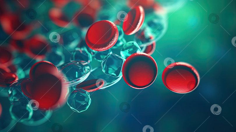 Скачать Красные кровяные тельца, текущие на зеленом фоне в научной абстракции. Концепция здоровья и медицины. Сгенерированный искусственный интеллект. фотосток Ozero