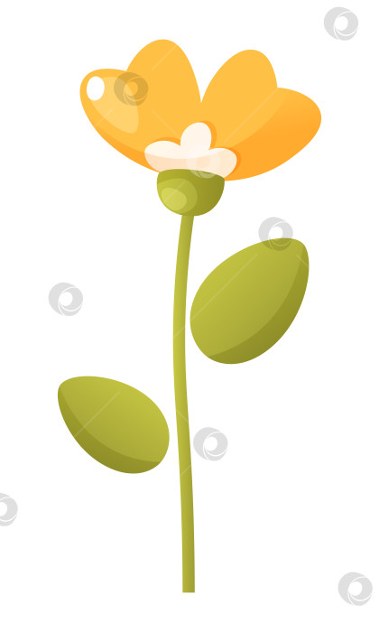Скачать Один красивый желтый цветок с лепестками на стебле с зелеными листьями на белом фоне. Векторная ботаническая иллюстрация. Изображение цветка для оформления плакатов, открыток, логотипов, этикеток, значков. фотосток Ozero