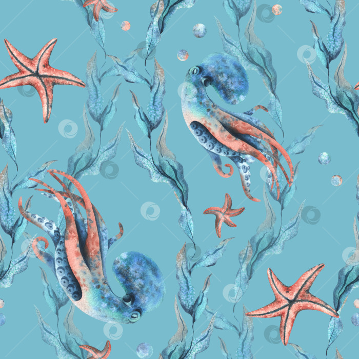 Скачать Клипарт подводного мира с морскими животными осьминогами, морскими звездами, пузырьками и водорослями. Рисованная акварельная иллюстрация. Бесшовный узор на синем фоне. фотосток Ozero