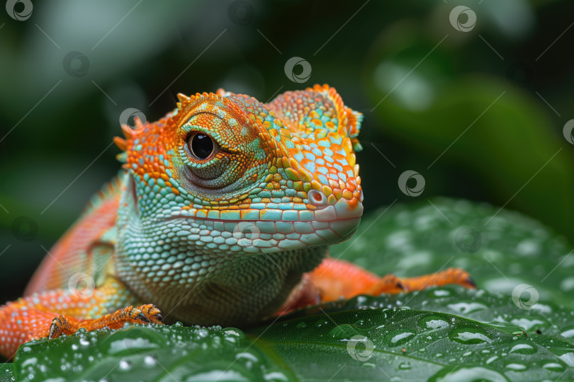 Скачать разноцветный хамелеон, сидящий на зеленом листе в тропическом лесу фотосток Ozero
