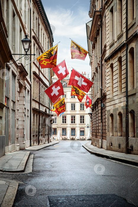 Скачать Улица с национальными флагами в Женеве фотосток Ozero