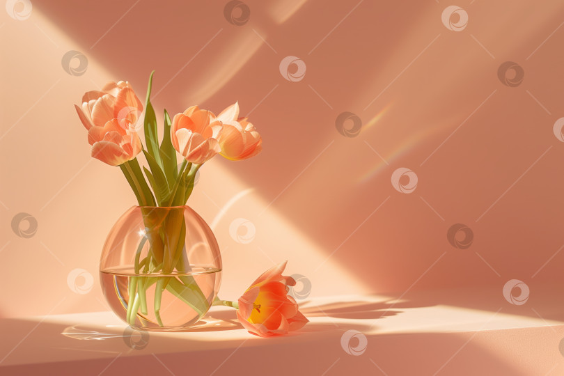 Скачать Яркие персиковые тюльпаны в стеклянной вазе, отбрасывающие мягкие тени на пастельный фон фотосток Ozero