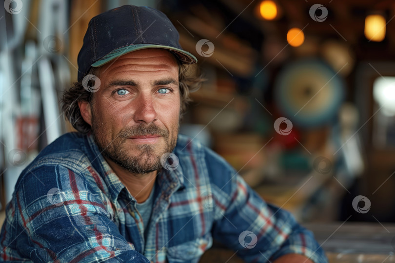 Скачать Портрет красивого плотника в его столярной мастерской фотосток Ozero