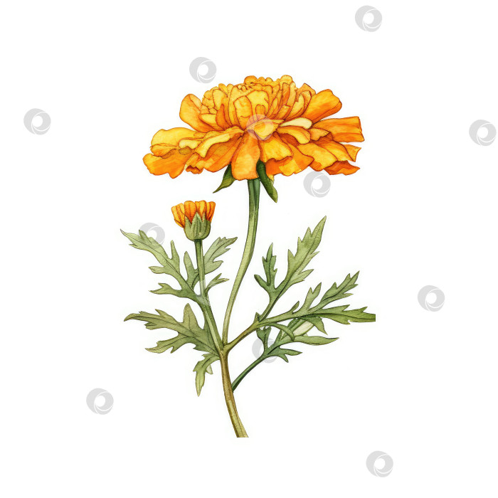 Скачать Ботаническая иллюстрация календулы в стиле watercolor, белый фон, иллюстрация лекарственного цветка фотосток Ozero