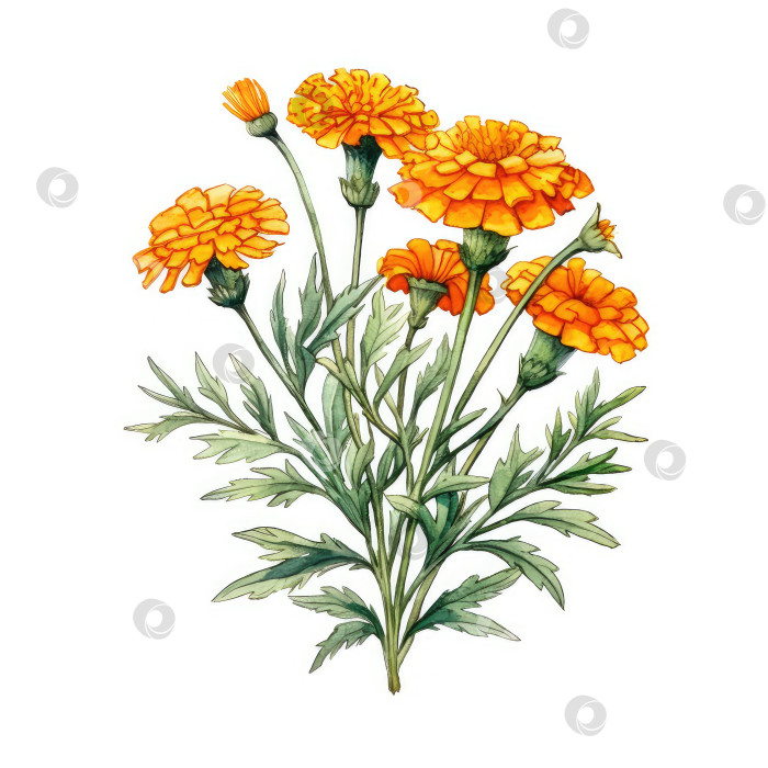 Скачать Ботаническая иллюстрация календулы в стиле watercolor, белый фон, иллюстрация лекарственного цветка фотосток Ozero